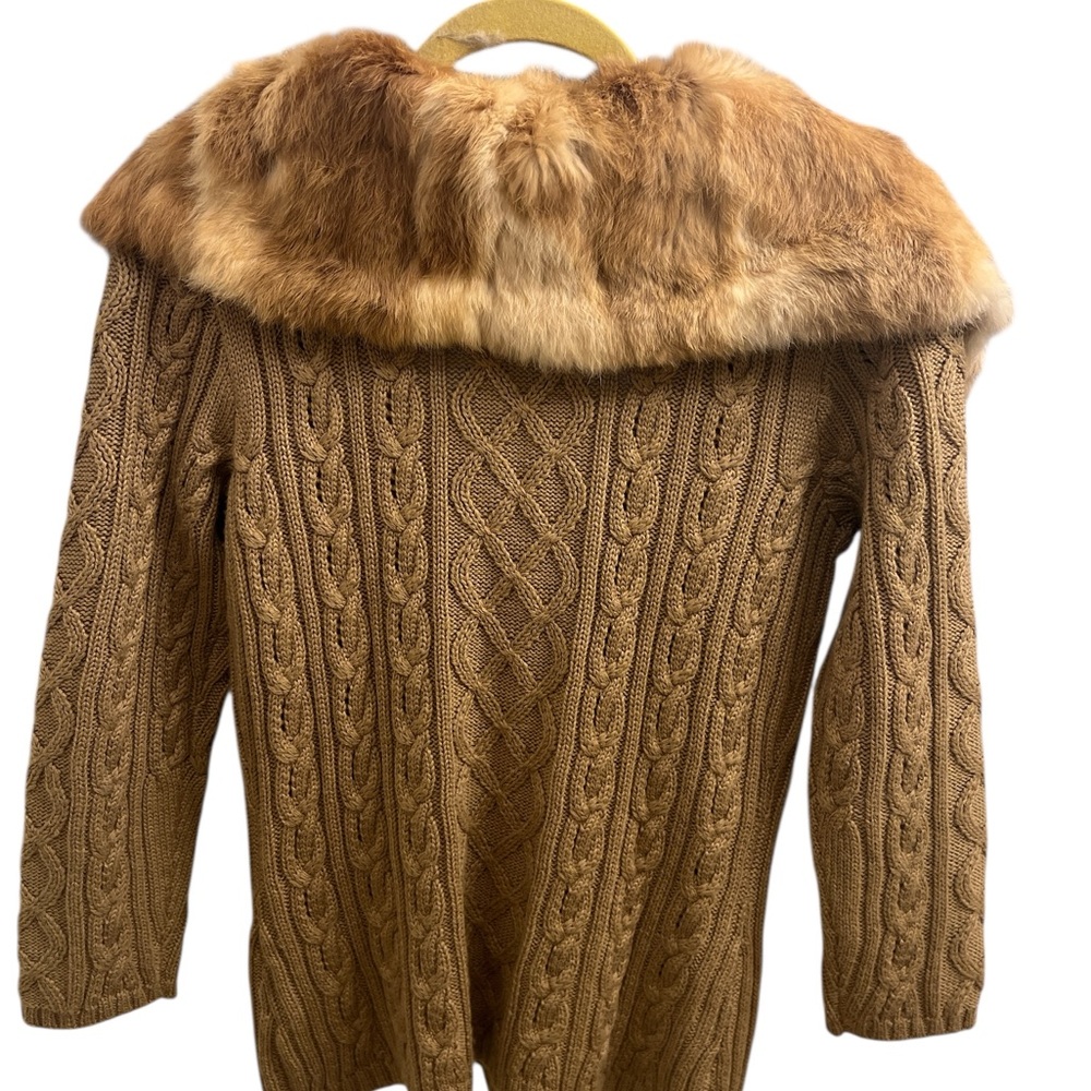 PowWow Wool Blend Cable Knit Cardigan w/Rabbit Fur Collar | M - Picture 12 of 16